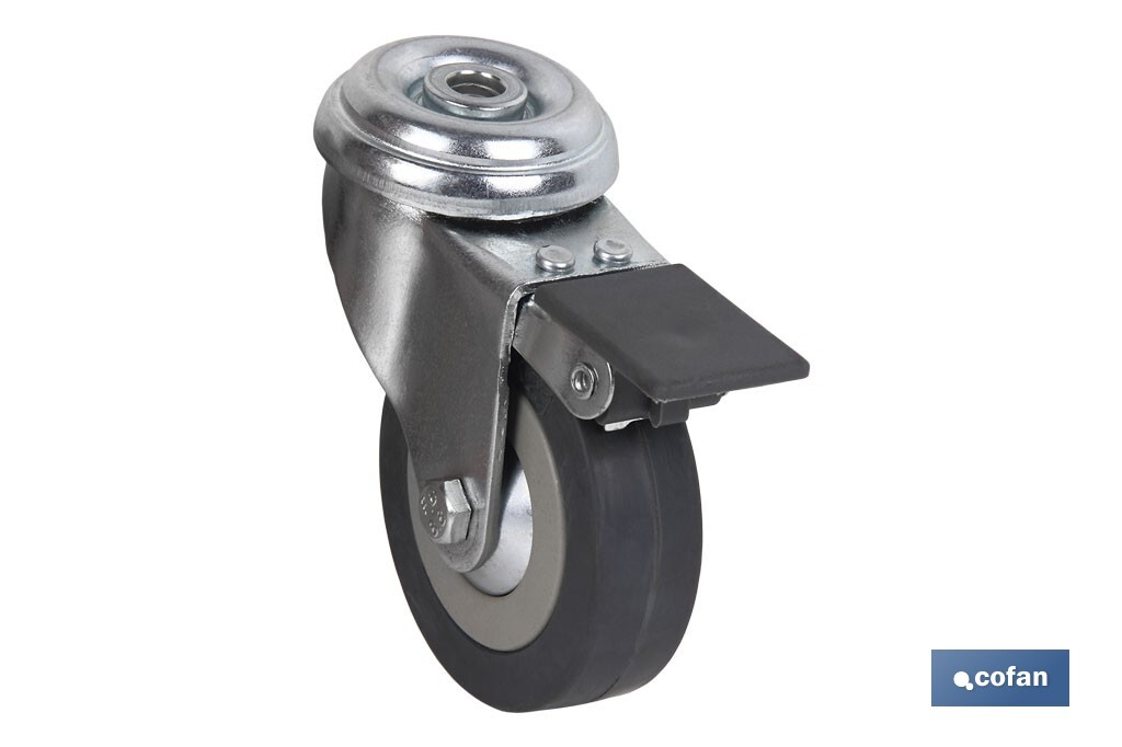 RUEDA DE GOMA GRIS CON AGUJERO PASANTE Y FRENO Ø65 X 22 MM VENTA UNITARIA (PACK: 1 UDS)
