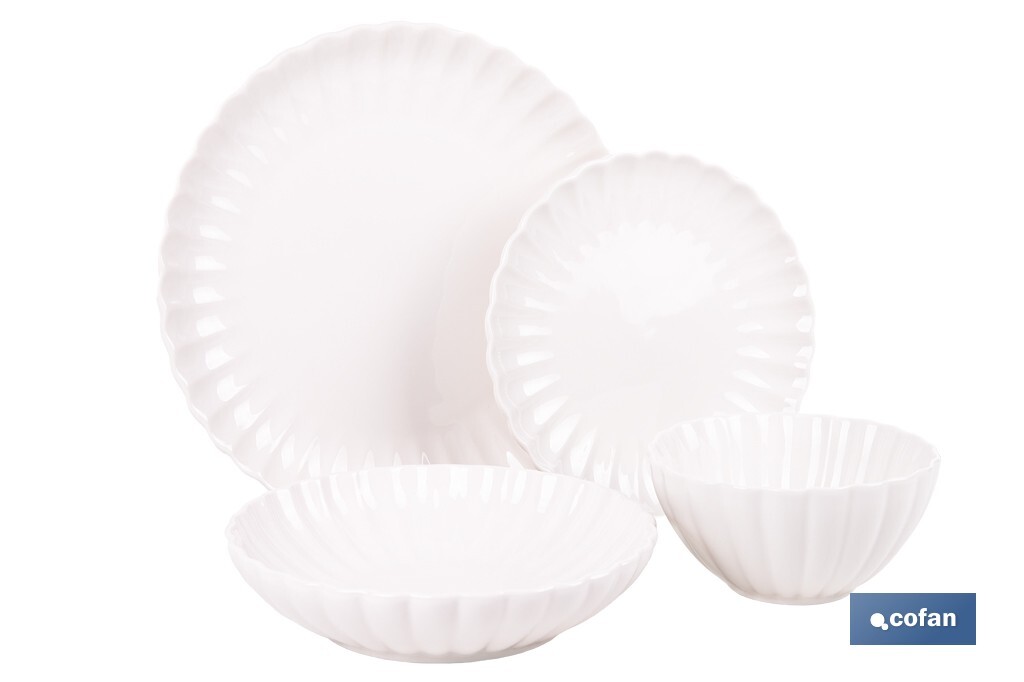VAJILLA DE PORCELANA EN RELIEVE COLOR BLANCO ESMALTADO 16 PIEZAS (PACK: 1 UDS)