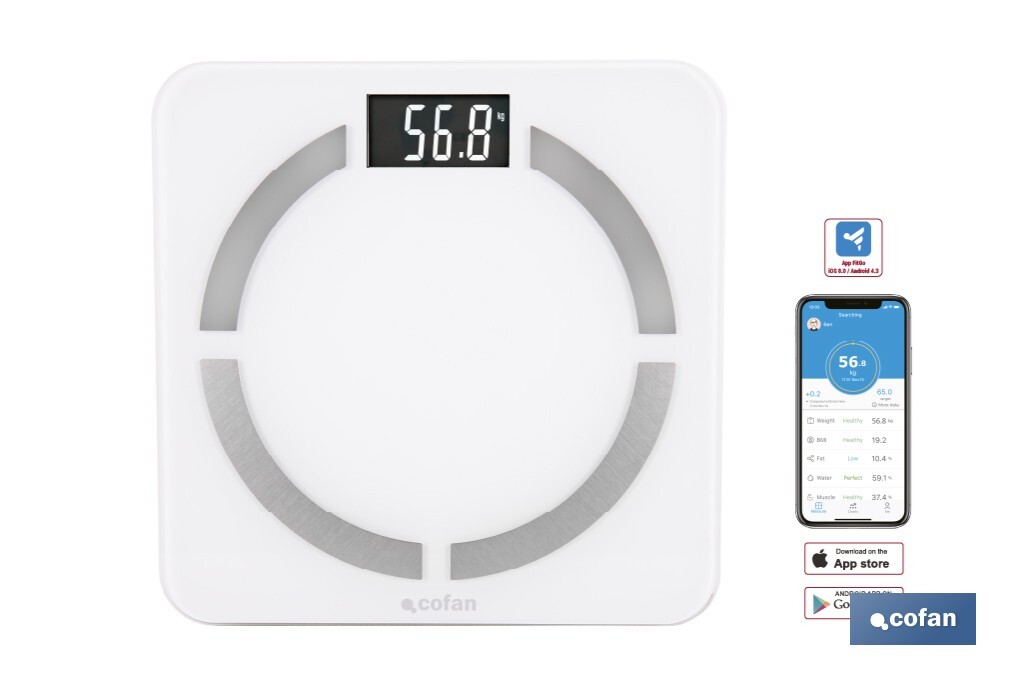 BÁSCULA DE BAÑO  DIGITAL  BLANCA CON PANTALLA LCD USB MEDICIÓN IMC DE GRASA VISCERAL 30 X 30 X 2,2 CM