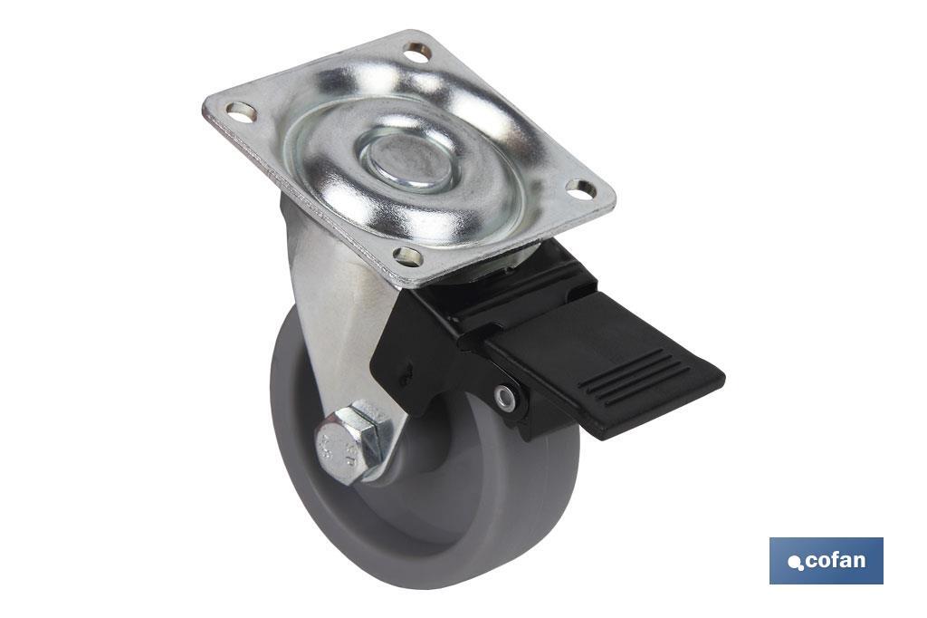 Rueda de polipropileno con placa de 42 mm y freno | Diámetros desde 25mm hasta 50 mm | Para pesos desde 30 kg hasta 45 kg
